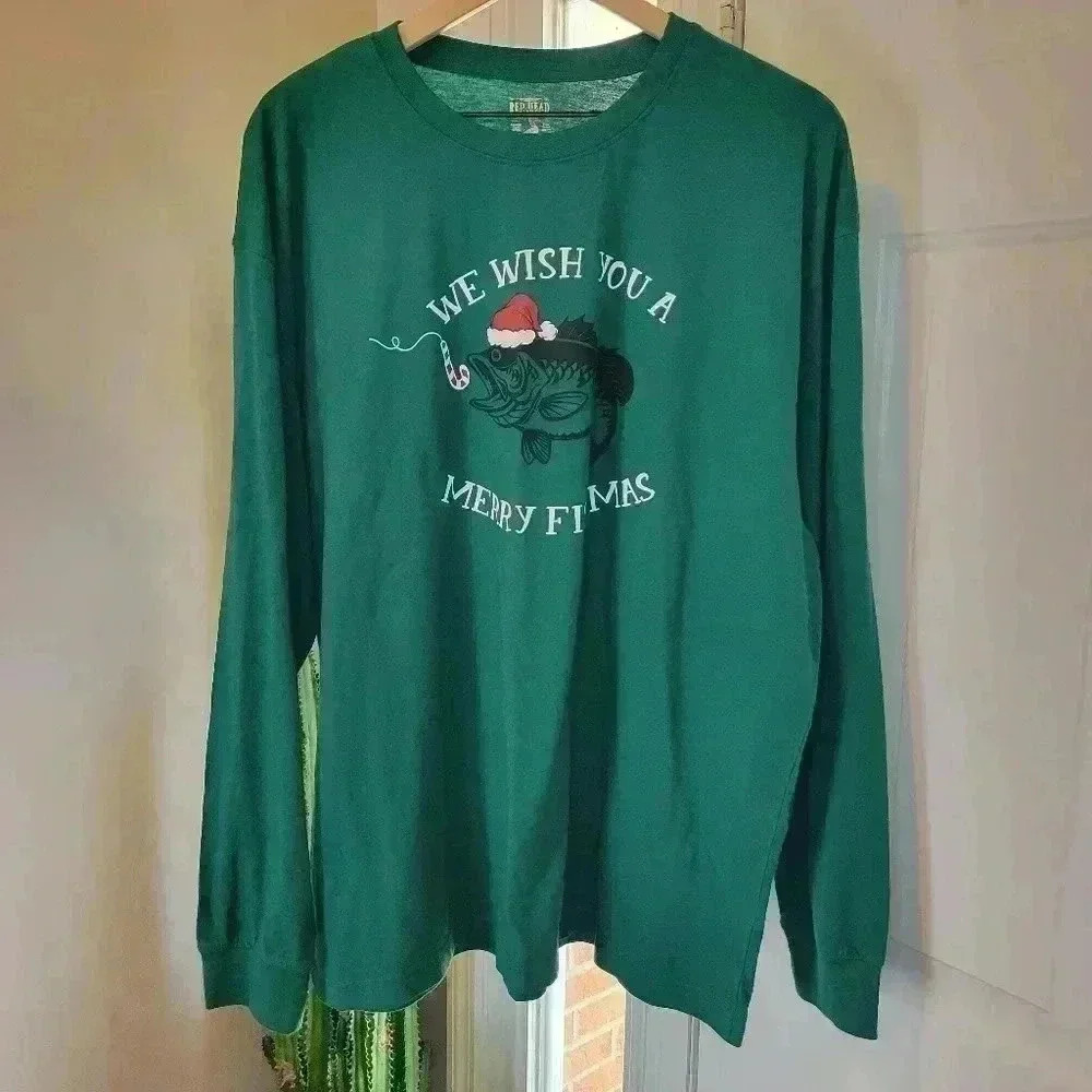 Red Head Brand Co. Merry Fishmas‎ Green Longsleeve Tshirt, Size XL